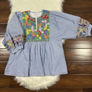 J.Marie Women's Size XS Blue White Stripe Embroidered Tristen Top Blouse